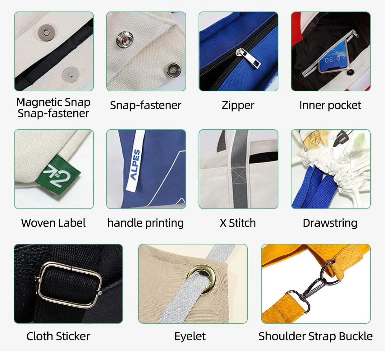 Tote bag components including zippers, fasteners, handles, and labels