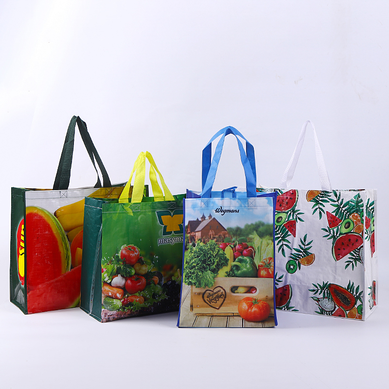 Colorful PP woven shopping bags with fruit and vegetable prints