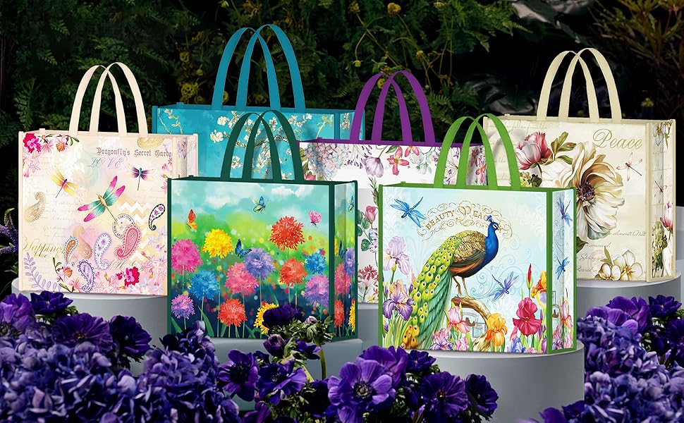 Reusable floral gift bags with garden and peacock designs in vibrant colors