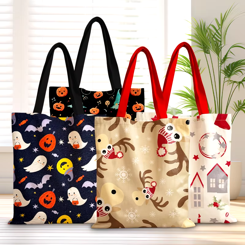 Colorful canvas tote bags with Halloween and Christmas prints