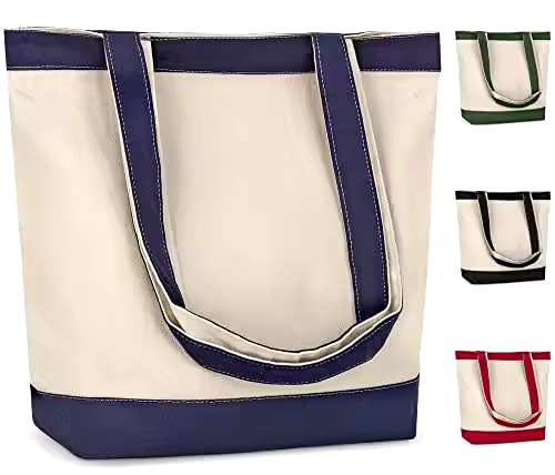 Two-tone canvas tote bags with colored handles and base