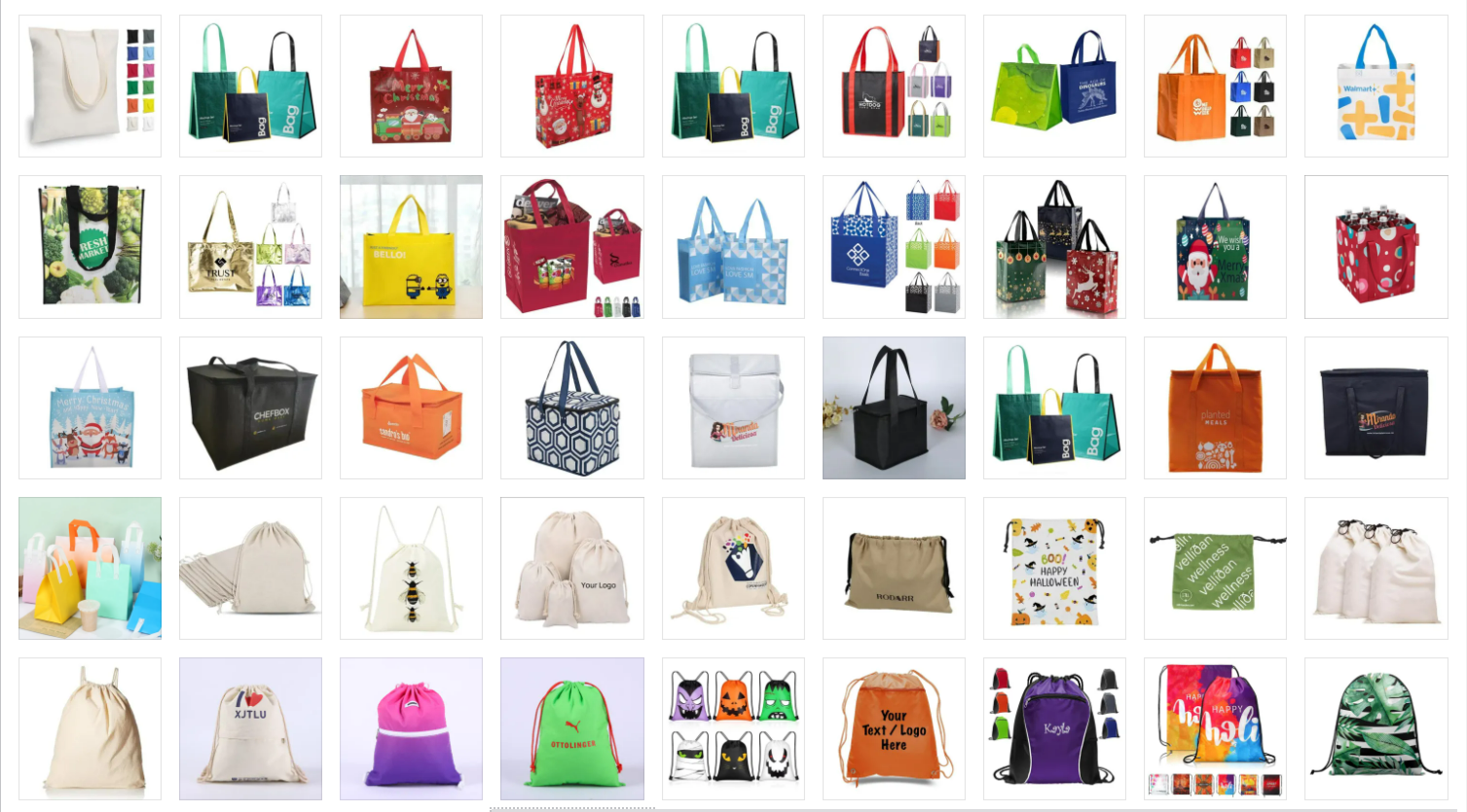 Assorted eco-friendly reusable bags with custom prints and styles