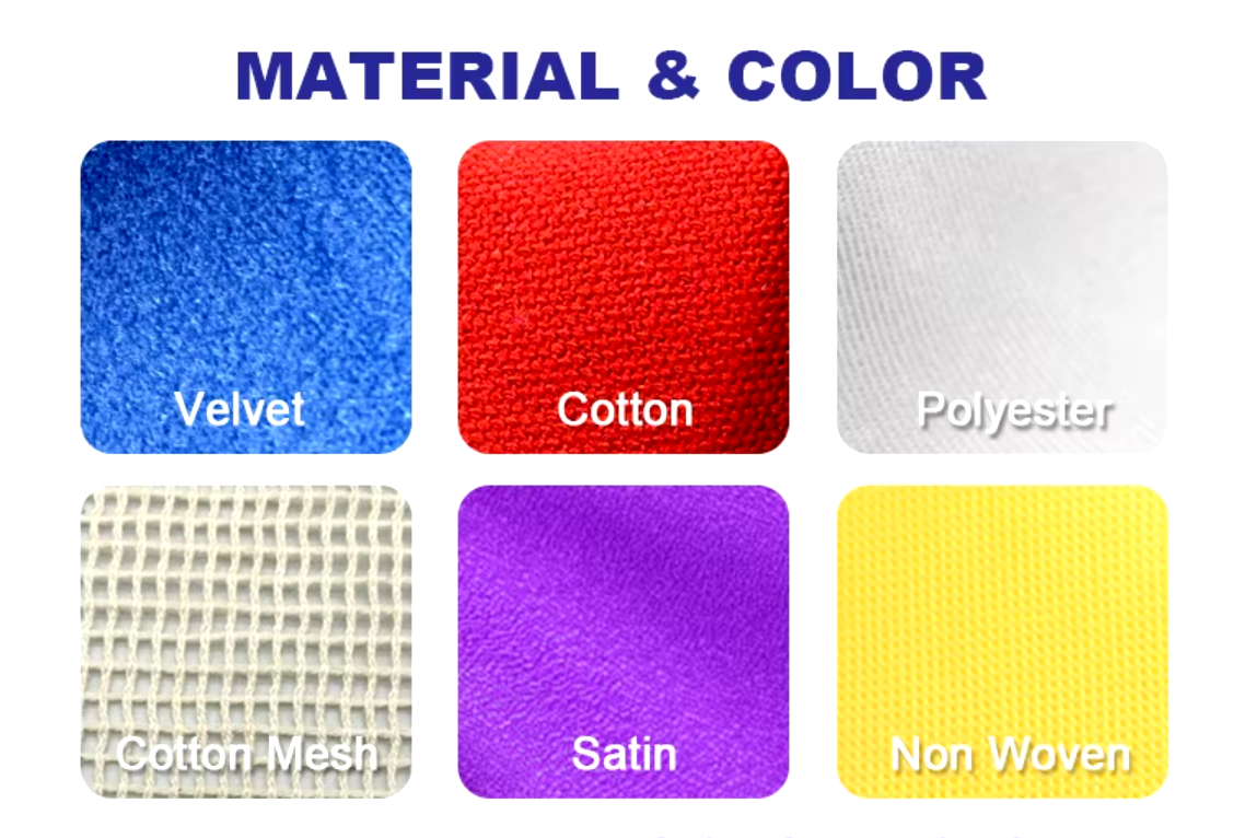 Material swatches including velvet, cotton, polyester, and non-woven