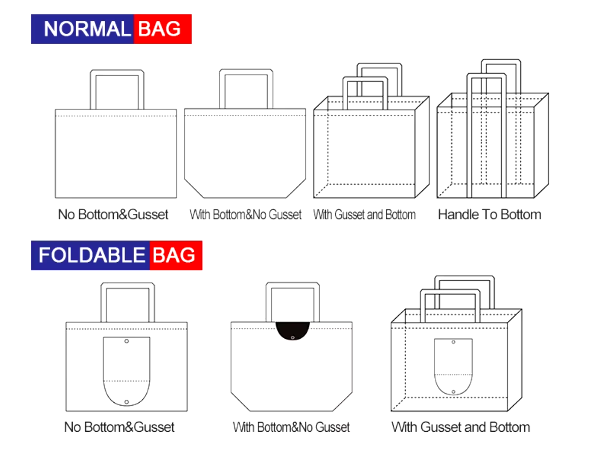 Various bag styles including normal and foldable designs