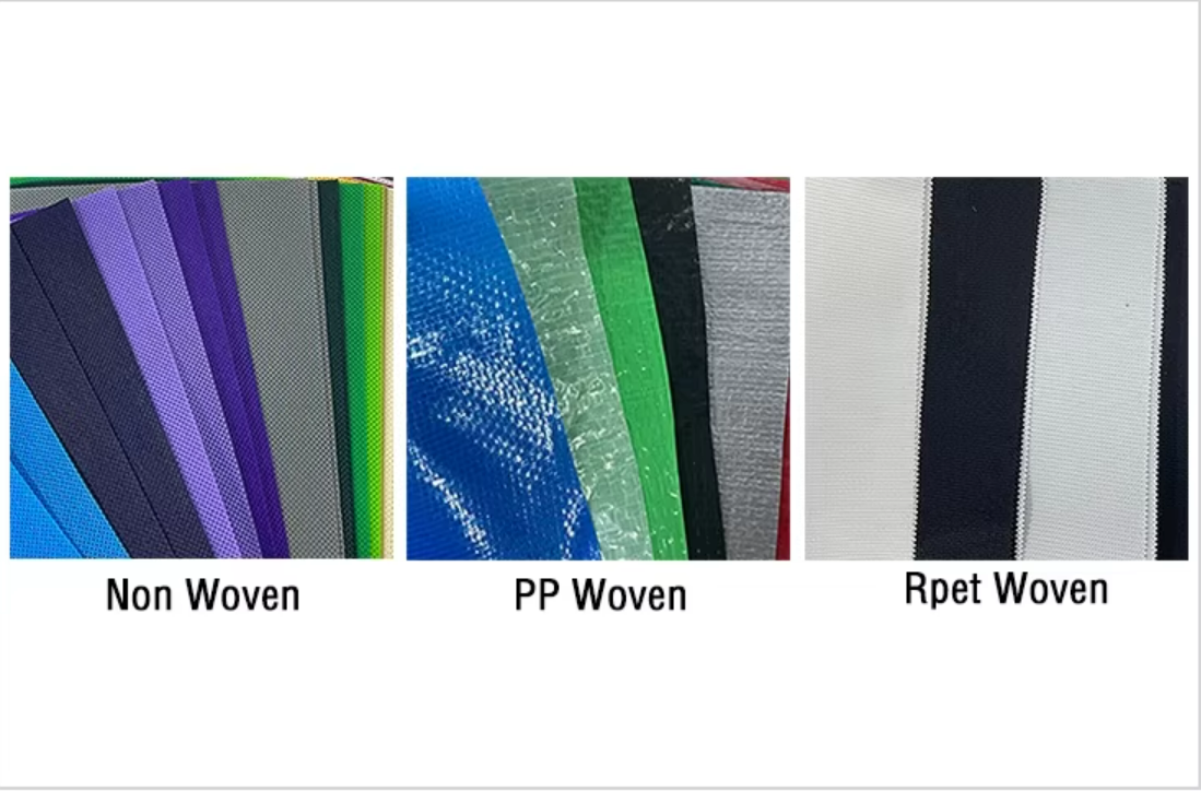 Non-woven, PP woven, and RPET woven fabric options in multiple colors