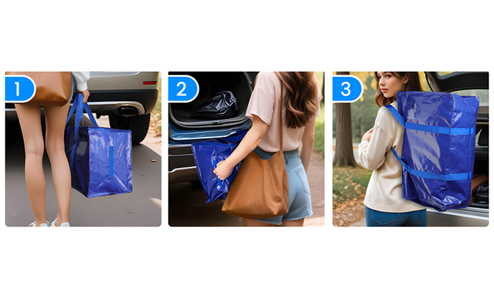 Woman carrying, loading, and wearing a blue storage bag