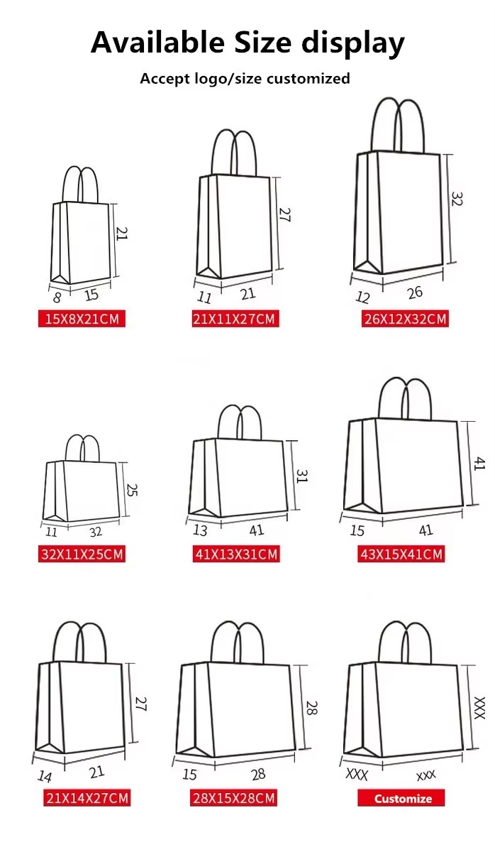 Available bag sizes, customizable dimensions shown