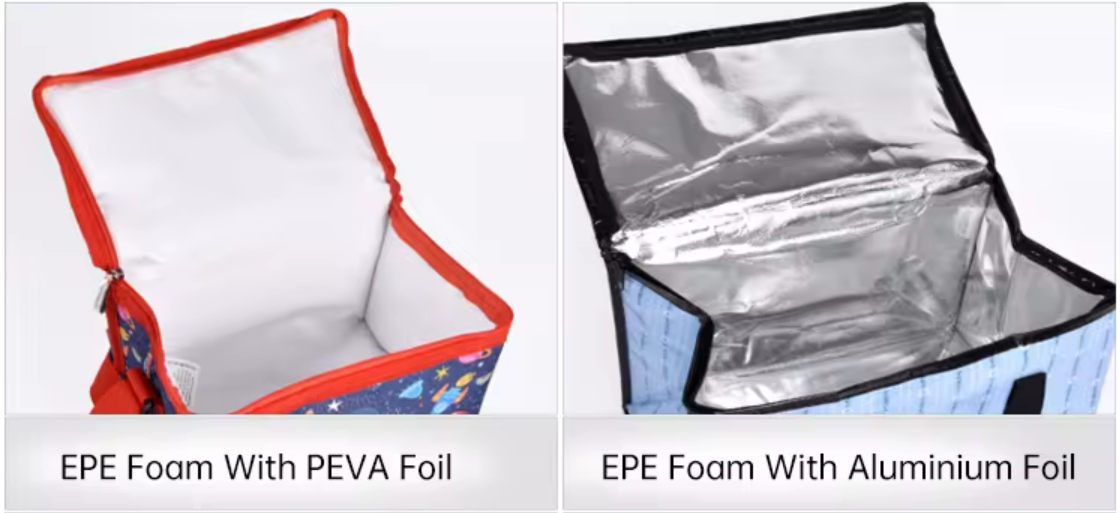 Insulated lunch bag with PEVA foil and aluminum foil comparison