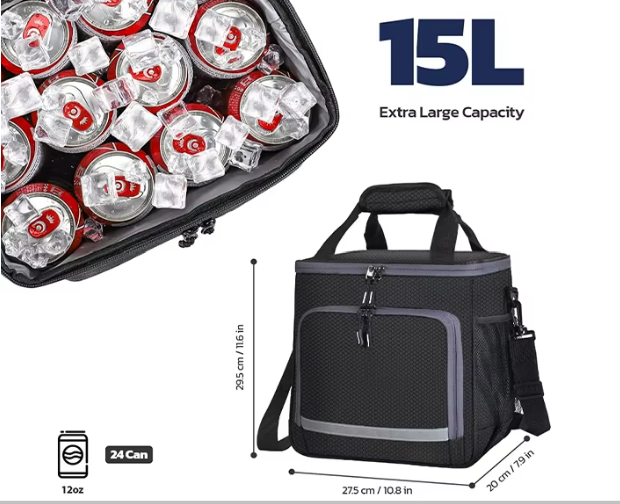 15L large capacity cooler bag with dimensions and soda cans