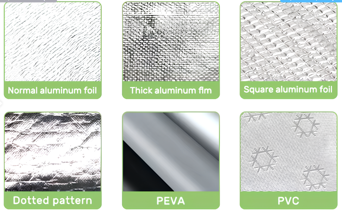 Various insulation materials including aluminum foil, PEVA, and PVC