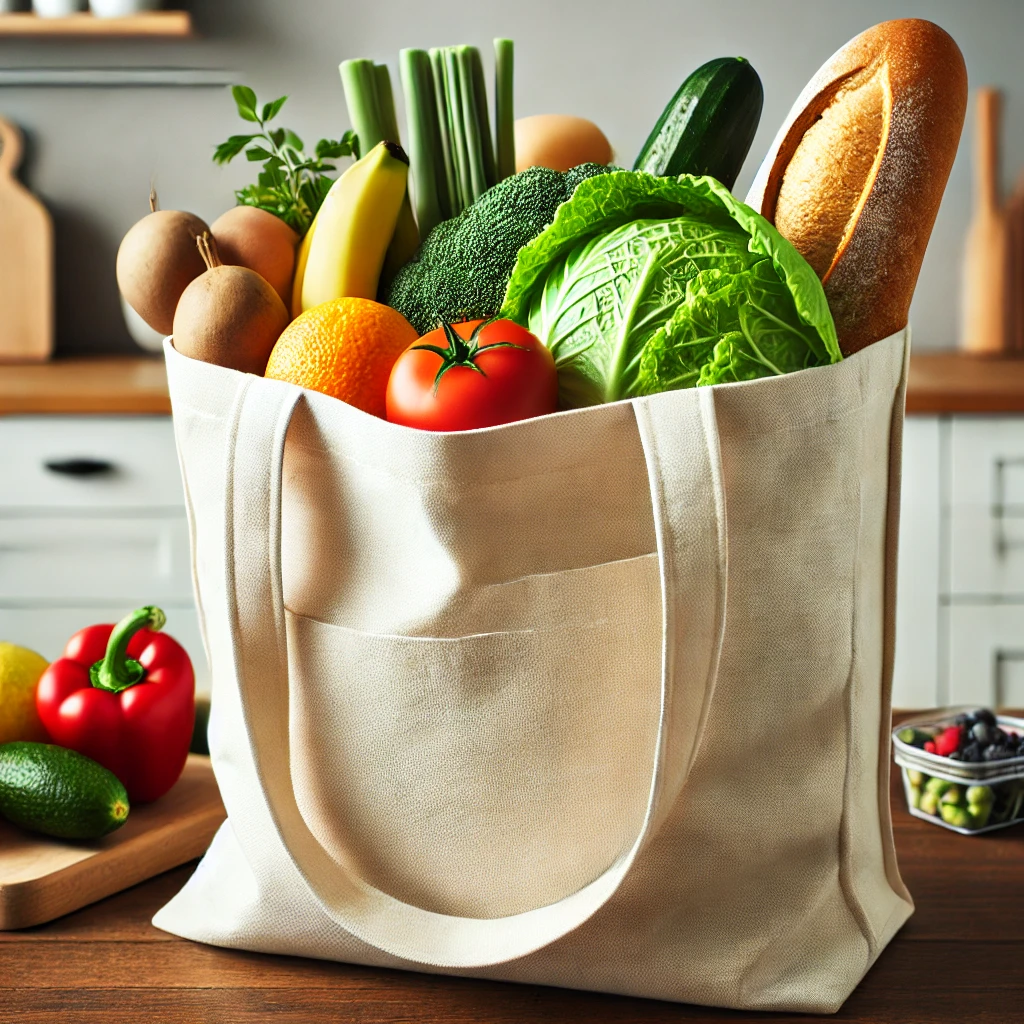 Reusable canvas grocery bag filled with fresh produce and bread