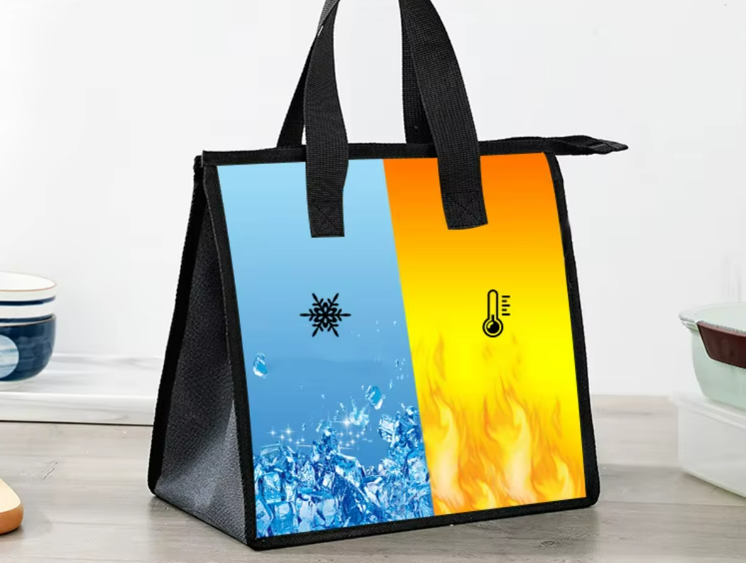 Black insulated bag with hot and cold temperature design