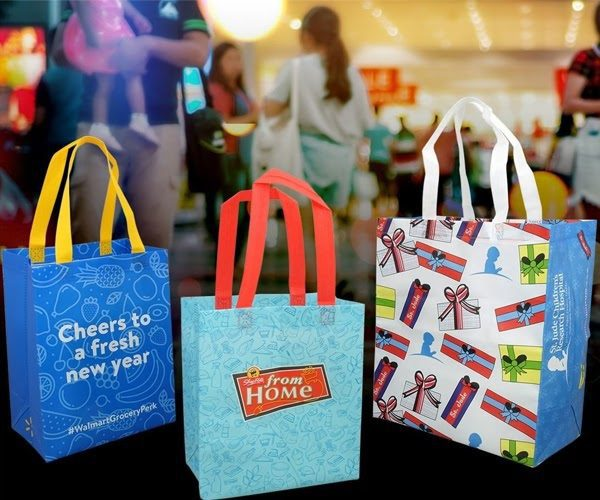 Colorful printed non-woven bags with festive and branded designs
