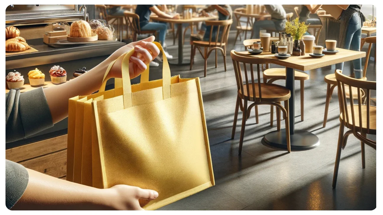 Yellow non-woven shopping bag held in a bakery café environment