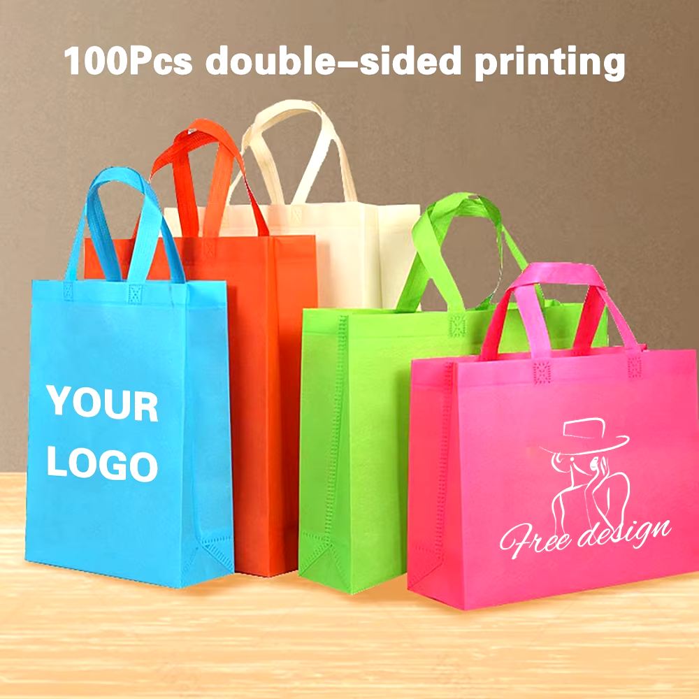 Assorted non-woven shopping bags displayed outdoors