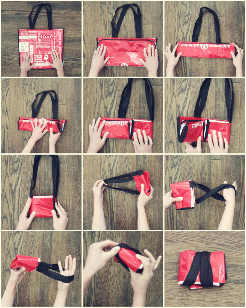 Step-by-step folding guide for a red reusable shopping bag