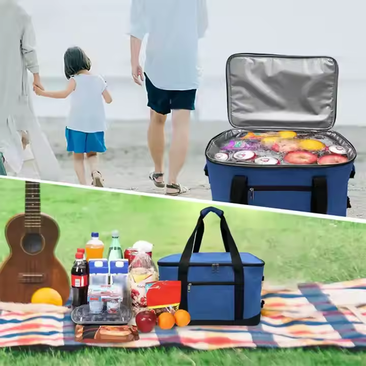 Insulated cooler bag with drinks and fruits, perfect for picnics and outings