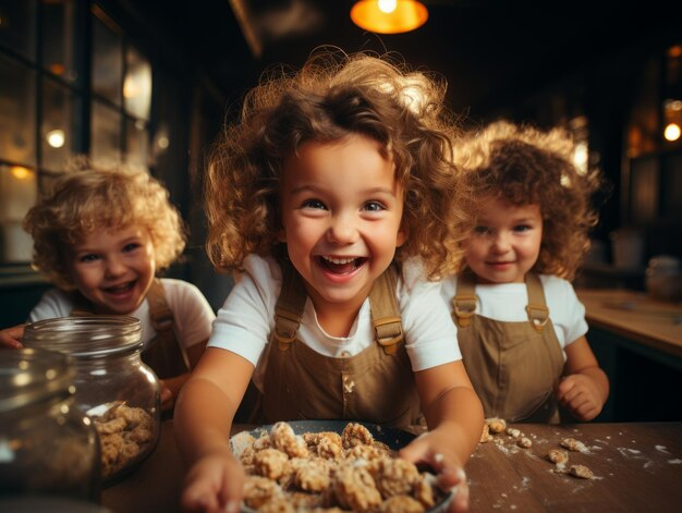 Happy children baking together in a cozy kitchen setting