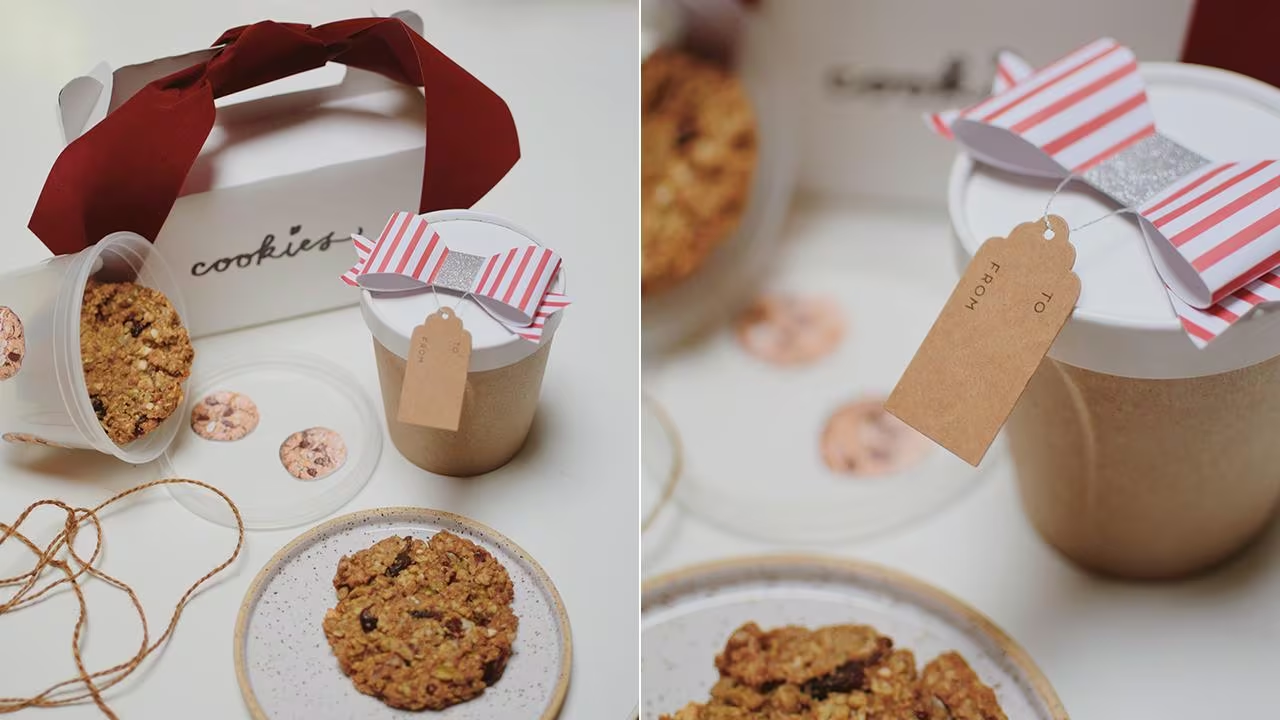 Gift packaging for cookies with ribbon and decorative tags