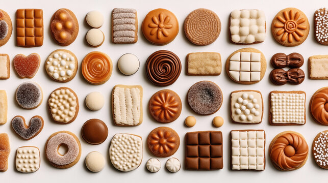 Assorted decorative cookies in various shapes and patterns