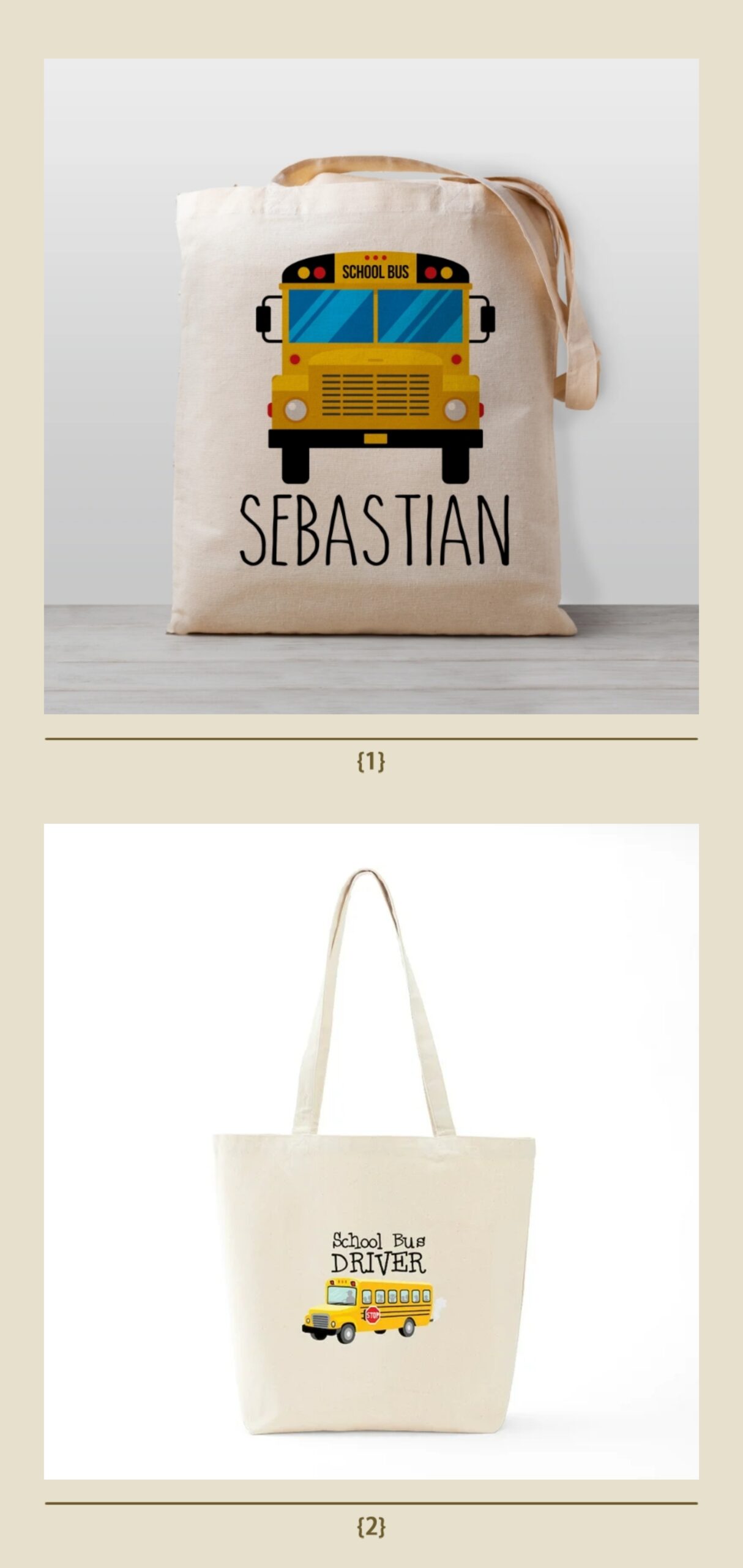 Canvas tote bag with yellow school bus and "Sebastian" text