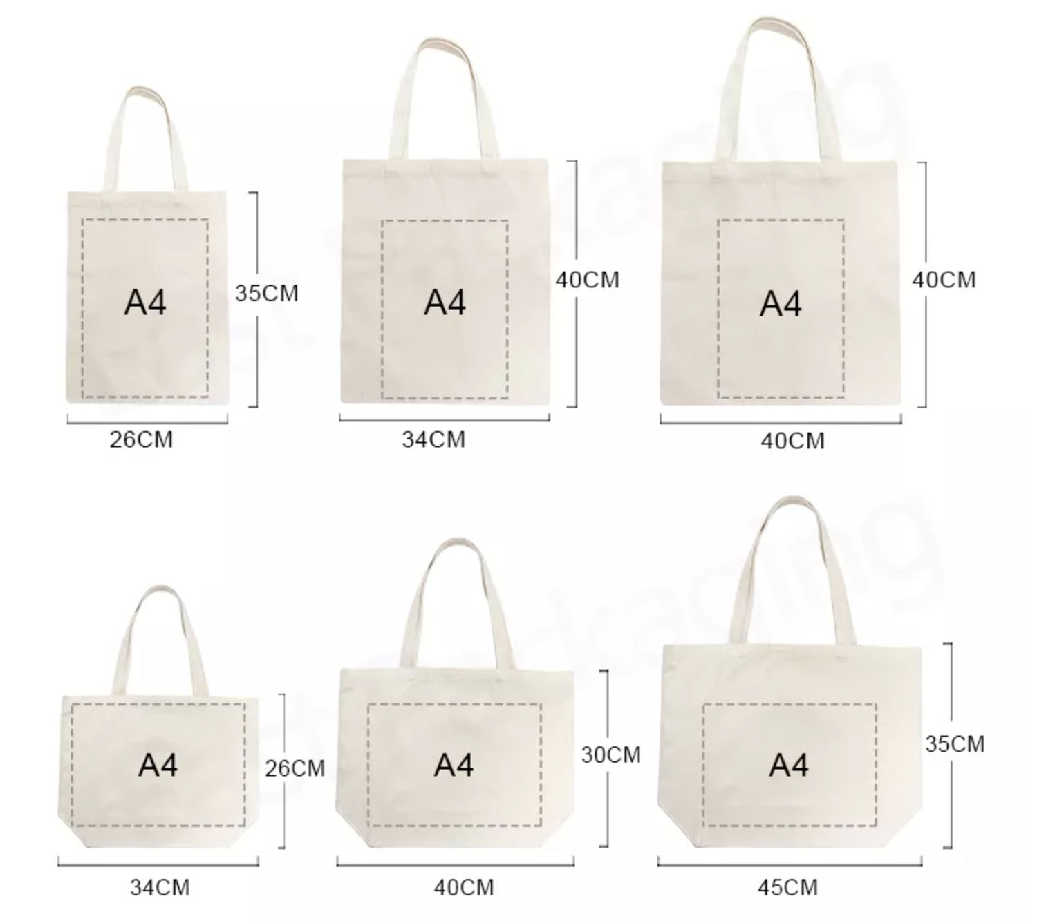 Various tote bag sizes with A4 print area and dimensions labeled