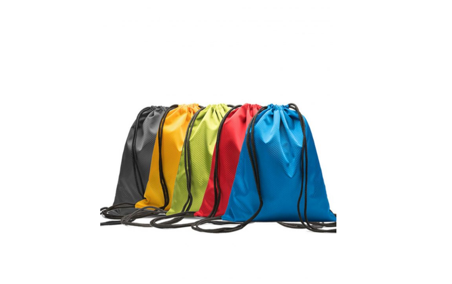 Colorful drawstring bags in black, yellow, green, red, and blue