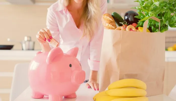 Woman saving money with a pink piggy bank and a paper grocery bag