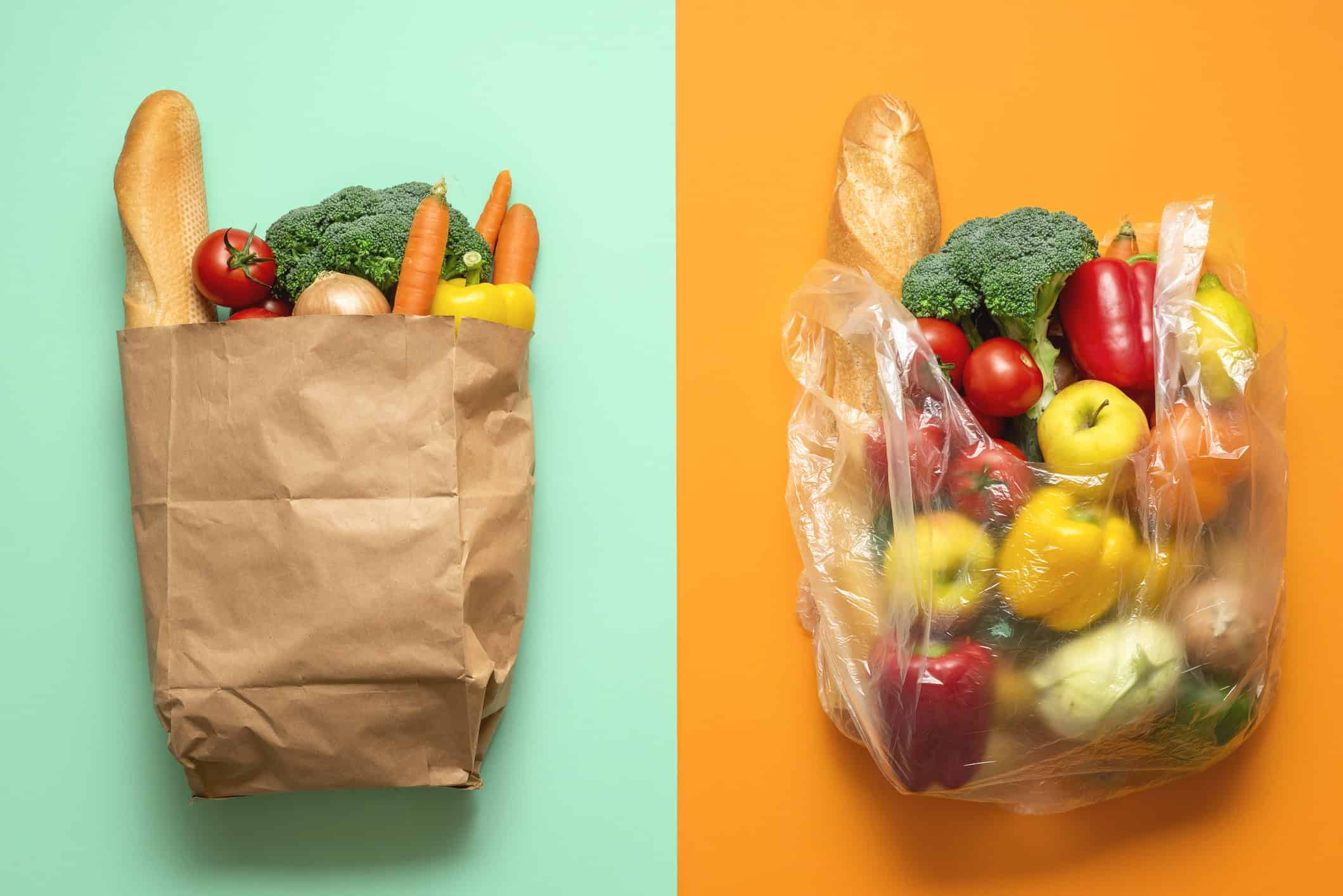 Comparison of groceries in a paper bag versus a plastic bag on colorful backgrounds