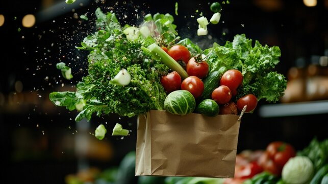 Paper bag filled with fresh vegetables and herbs, mid-air with greens flying out