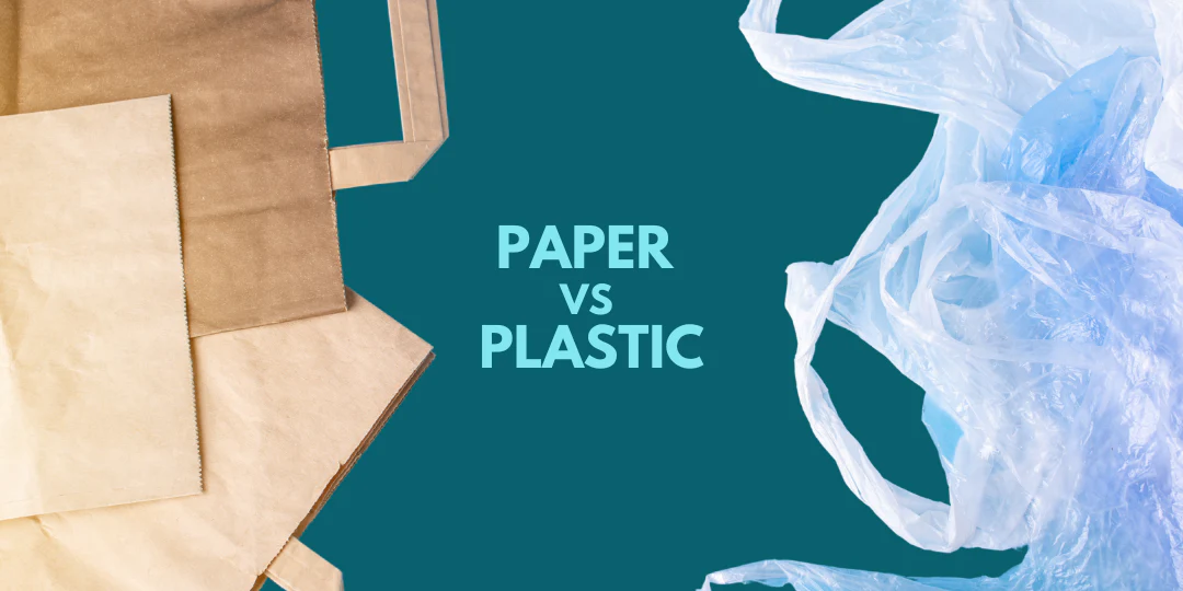 Paper bags versus plastic bags comparison with teal background