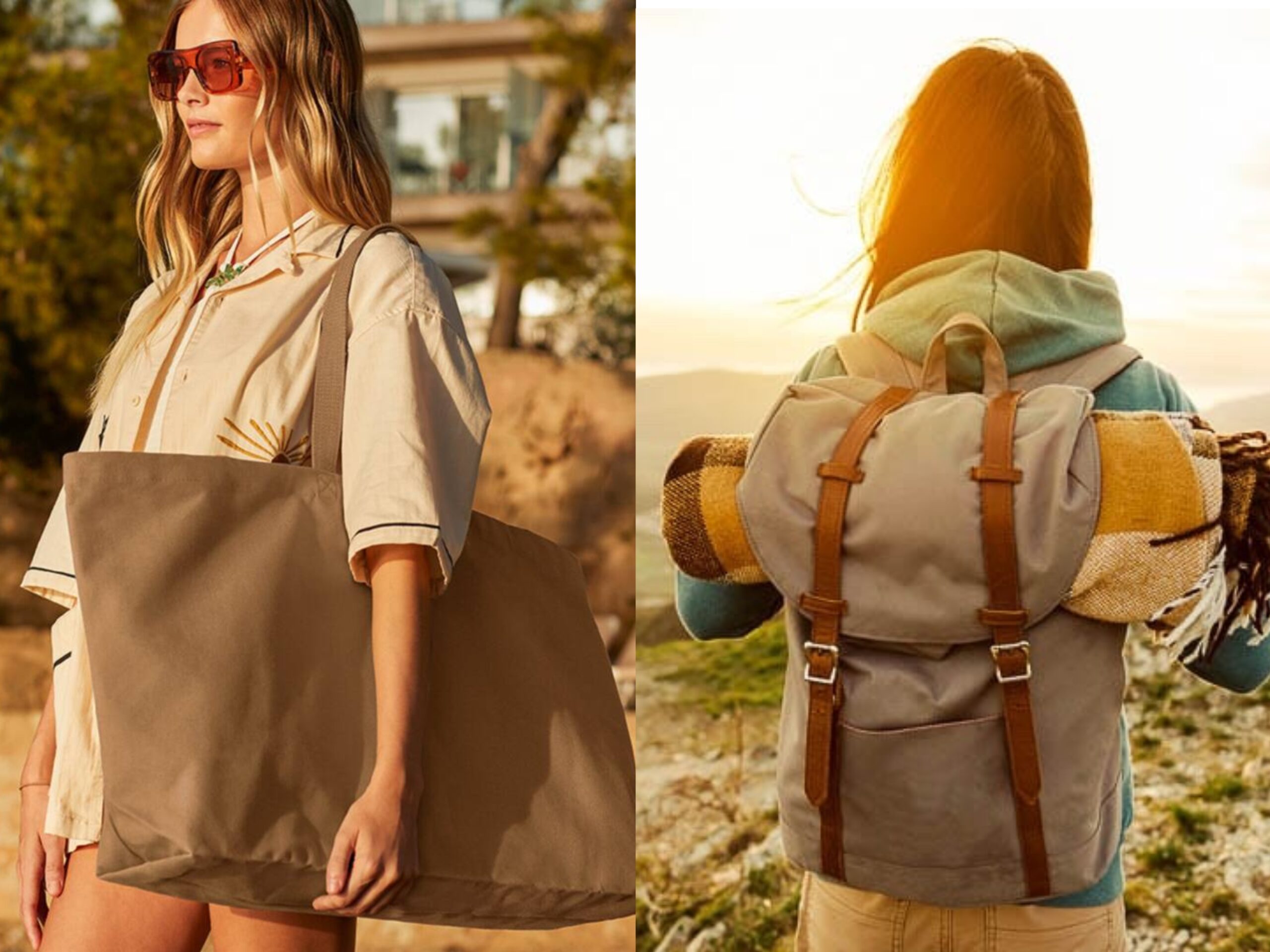 Two women featuring a large tote bag and a travel backpack outdoors