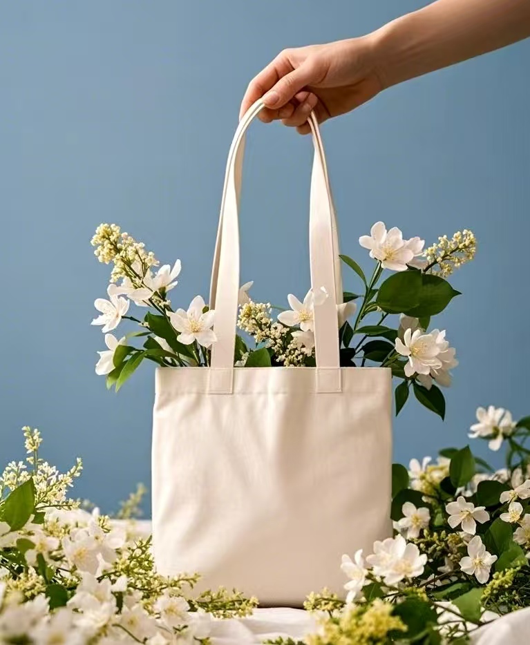 White non-woven tote bag surrounded by blooming flowers