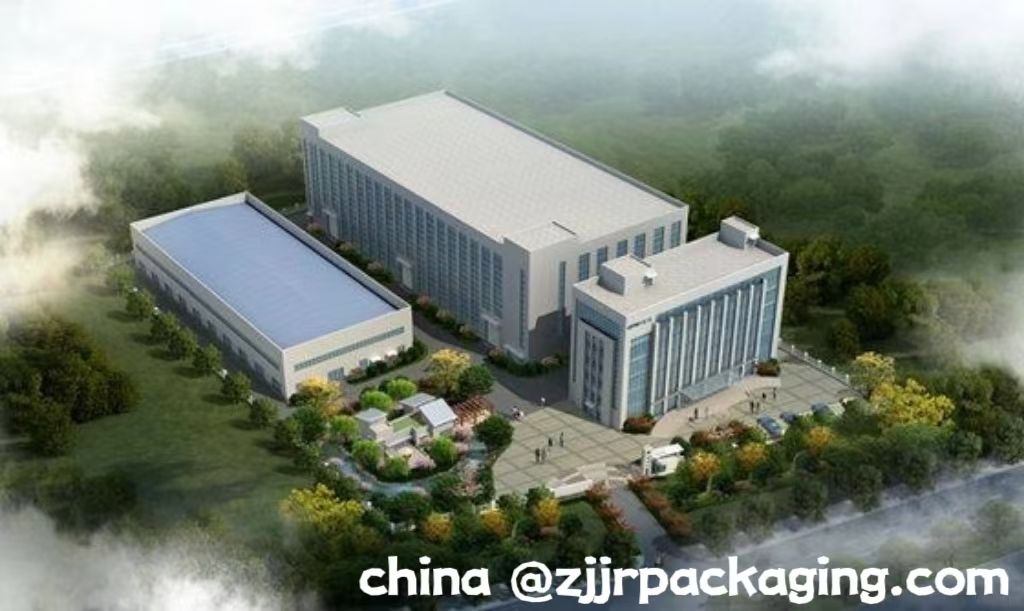 Aerial view of JiaRongPackaging factory, modern buildings surrounded by greenery