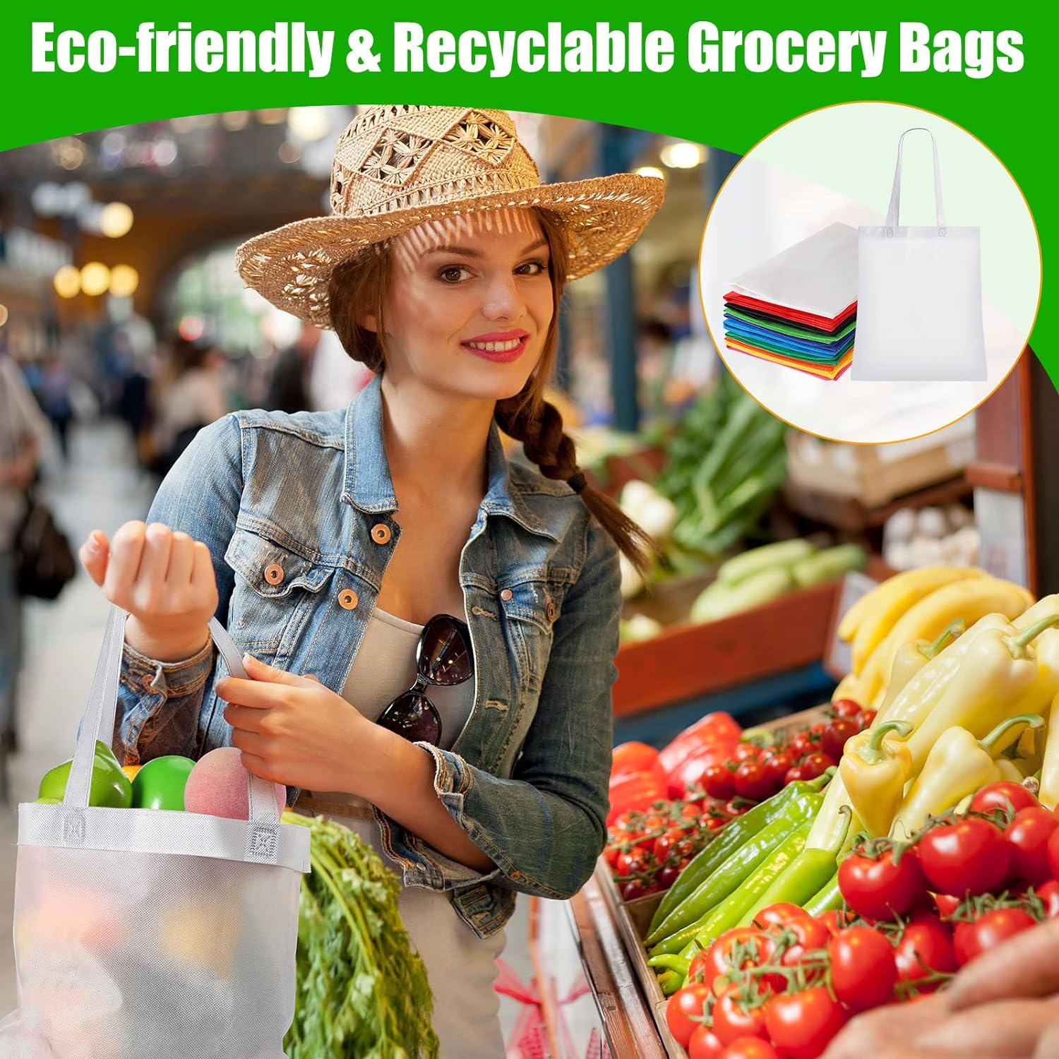 Woman shopping with eco-friendly non-woven grocery bag at vegetable market