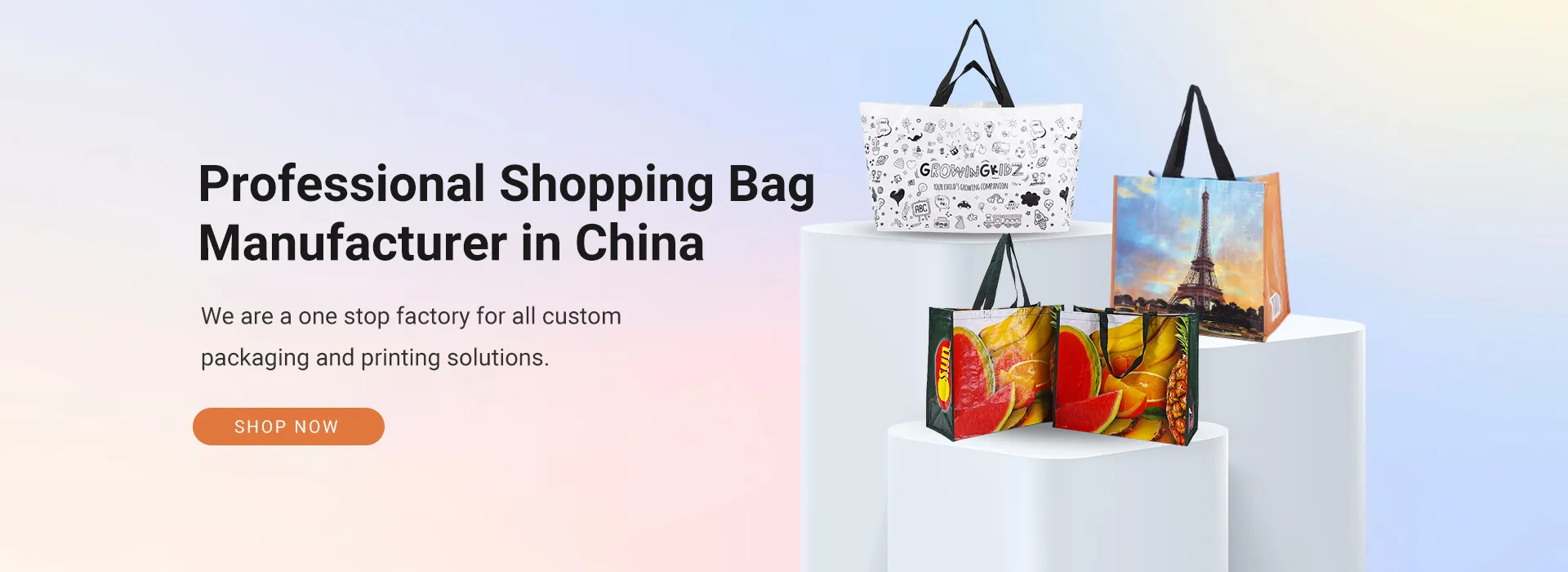 Custom printed shopping bags on white podiums