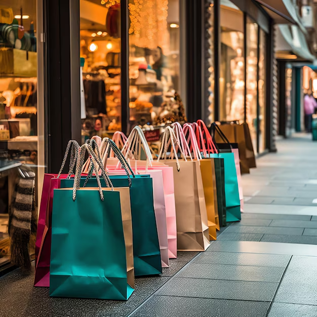 Colorful shopping bags outside a store, showcasing retail packaging options