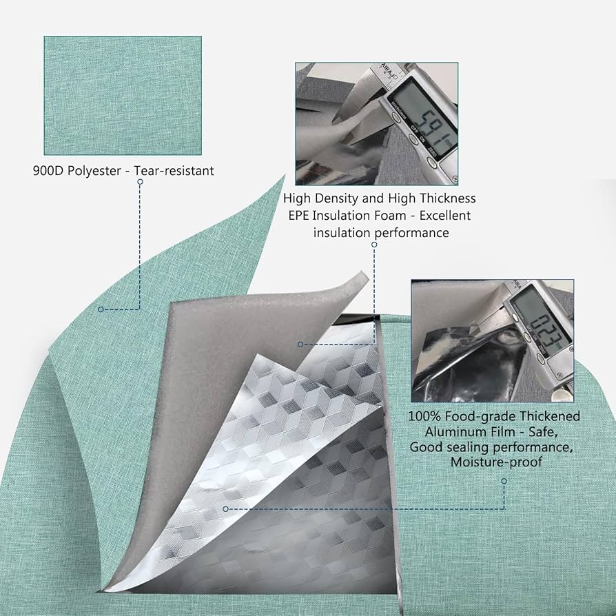 Material details of an insulated bag with layers and specifications