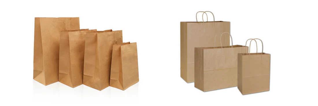 Brown kraft paper bags, both flat bottom and handle types