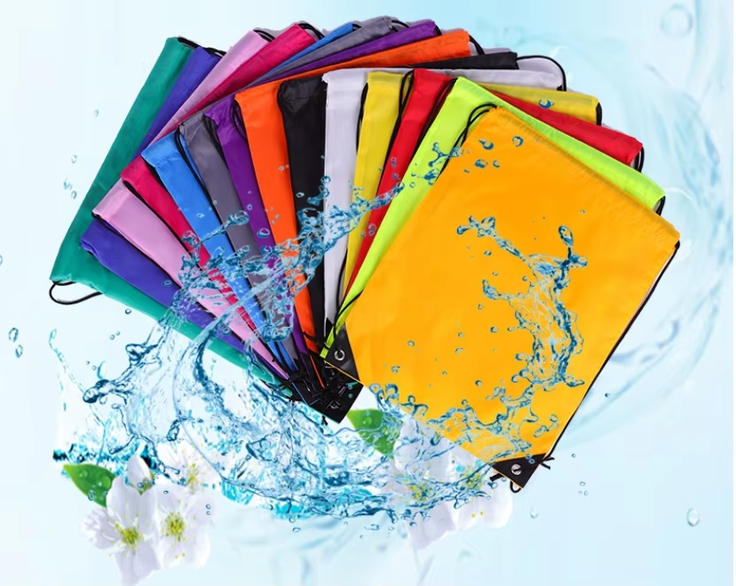 Colorful waterproof drawstring bags with splashing water