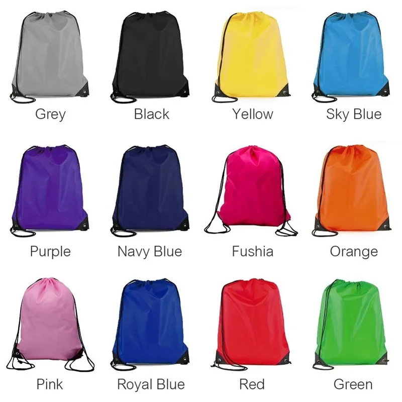 Drawstring bags in various colors with labels