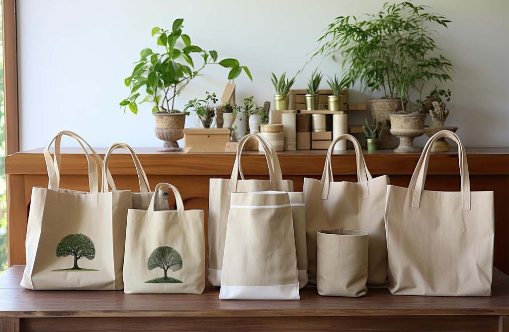 Eco-friendly non-woven handbags with tree designs, displayed on a wooden table