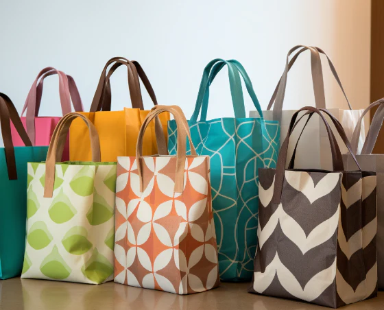 Colorful reusable handbags with geometric patterns, arranged in a row