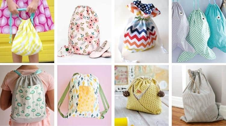 Various colorful drawstring bags with patterns, suitable for reusable and versatile uses