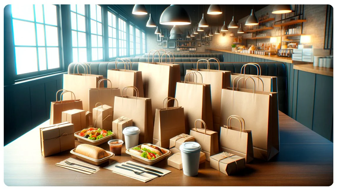 Various paper bags and takeout containers arranged on a table in a restaurant setting