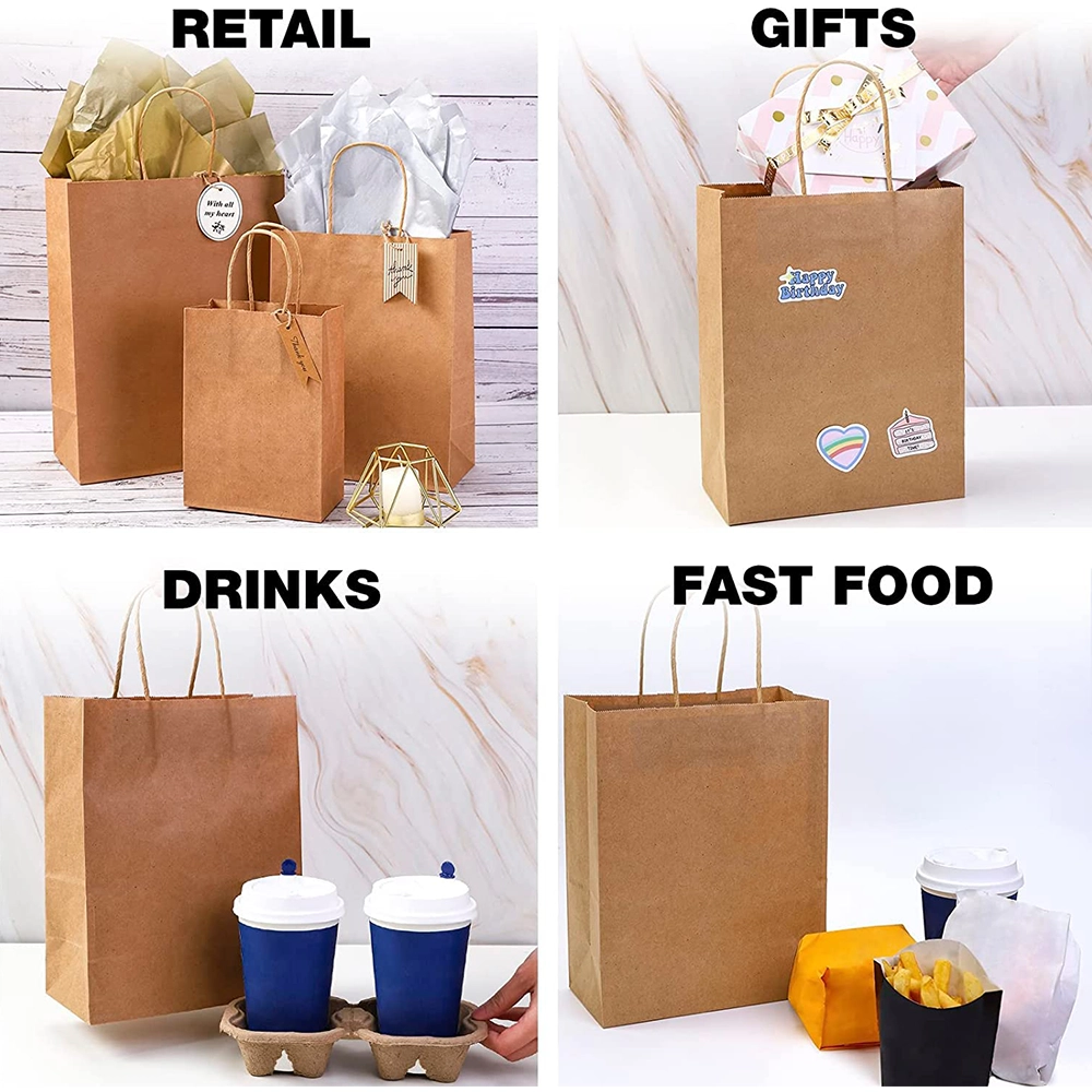 Brown paper bags used for retail, gifts, drinks, and fast food purposes