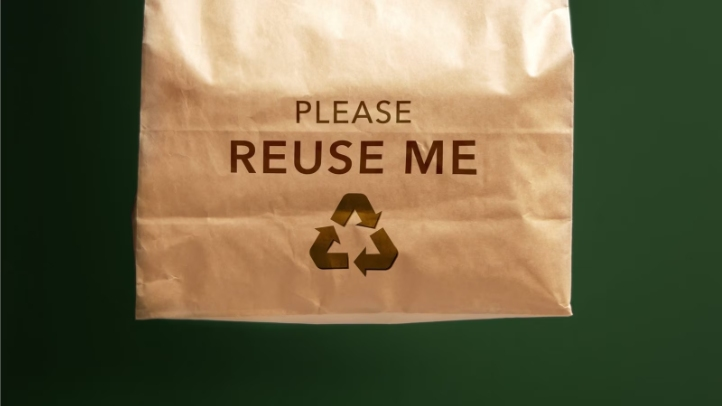 Brown paper bag with "Please Reuse Me" and recycling symbol printed