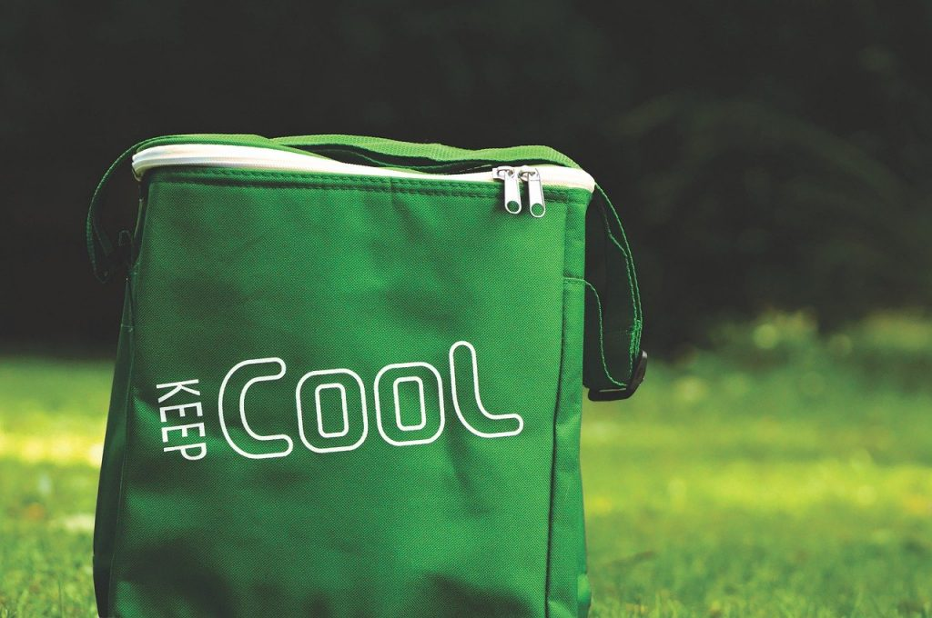 Green insulated bag with "Keep Cool" text, sitting on grass