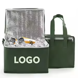 Dark green insulated cooler bags with custom logo, one open showing drinks and ice