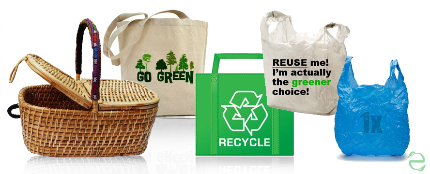 Various eco-friendly bags, including wicker, non-woven, and plastic alternatives